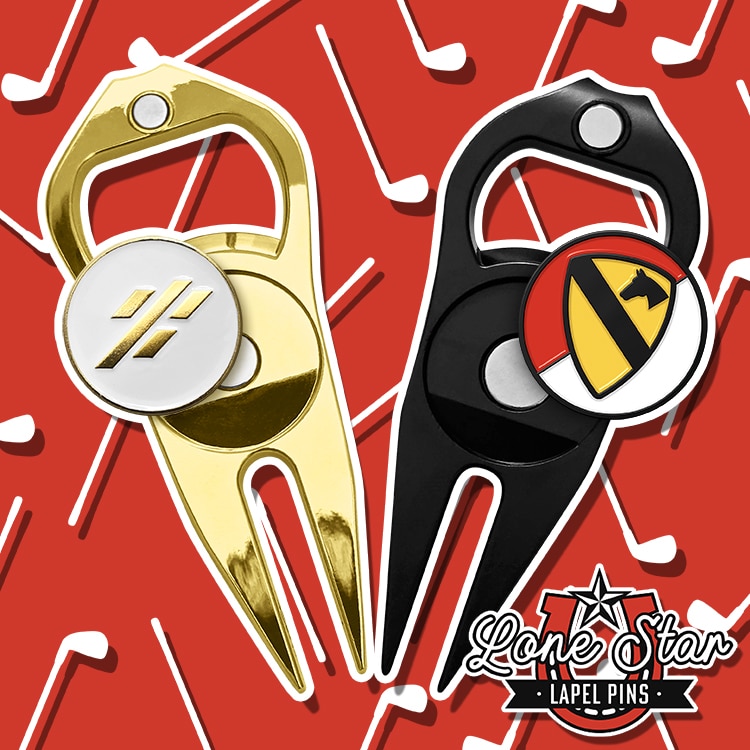 Gold and Black Metal Custom Golf Divot Tools by Lone Star Challenge Coins