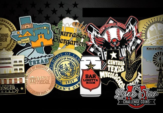 An Assortment of Custom Lapel Pins on a Black Background with the American Flag